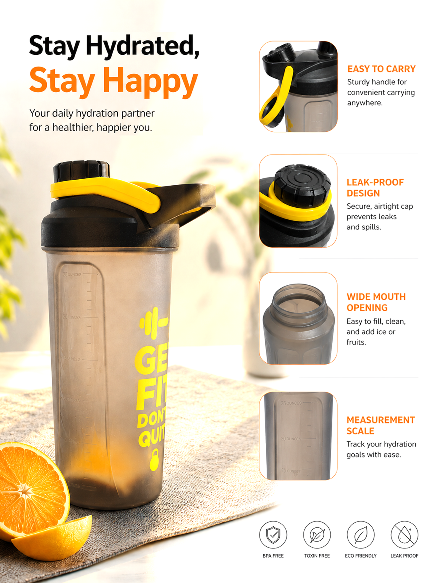 Kitchzohome Protein Shaker Bottle 700ML with Mixing Ball | BPA Free Leakproof Gym Shaker for Protein Powder, Pre-Workout & BCAA | Sports Water Bottle for Fitness, Workout & Travel