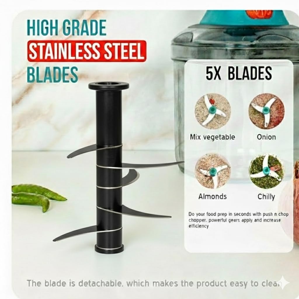 Kitchzohome Vegetable Chopper with 5 Stainless Steel Blades | Manual Push Food Chopper, Vegetable Cutter, Onion Chopper, Garlic Chopper & Vegetable Slicer for Kitchen