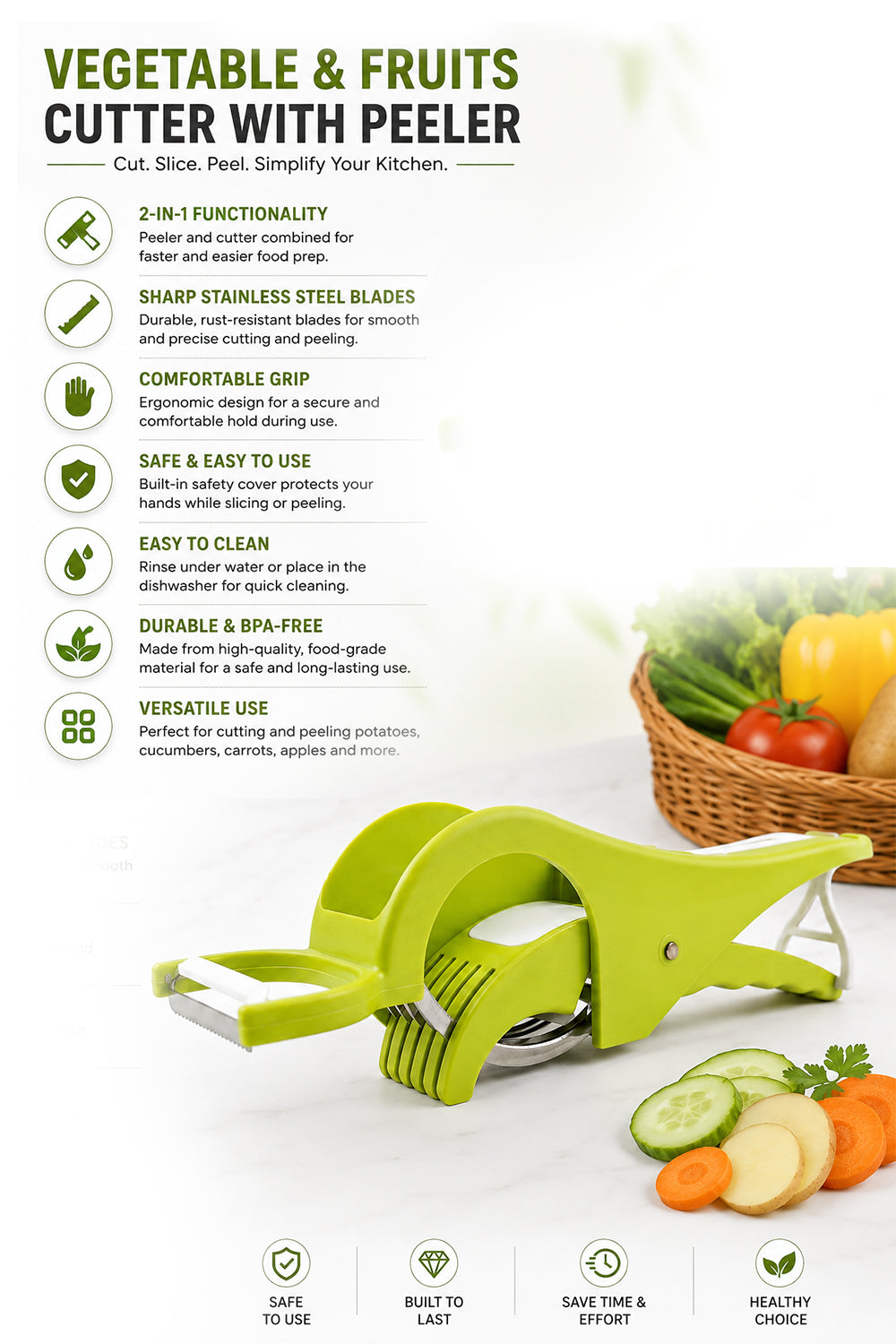Kitchzohome Multipurpose Vegetable & Fruit Slicer | Manual Stainless Steel Blade Vegetable Cutter, Potato Slicer, Onion Slicer, Cucumber Cutter & Kitchen Grater