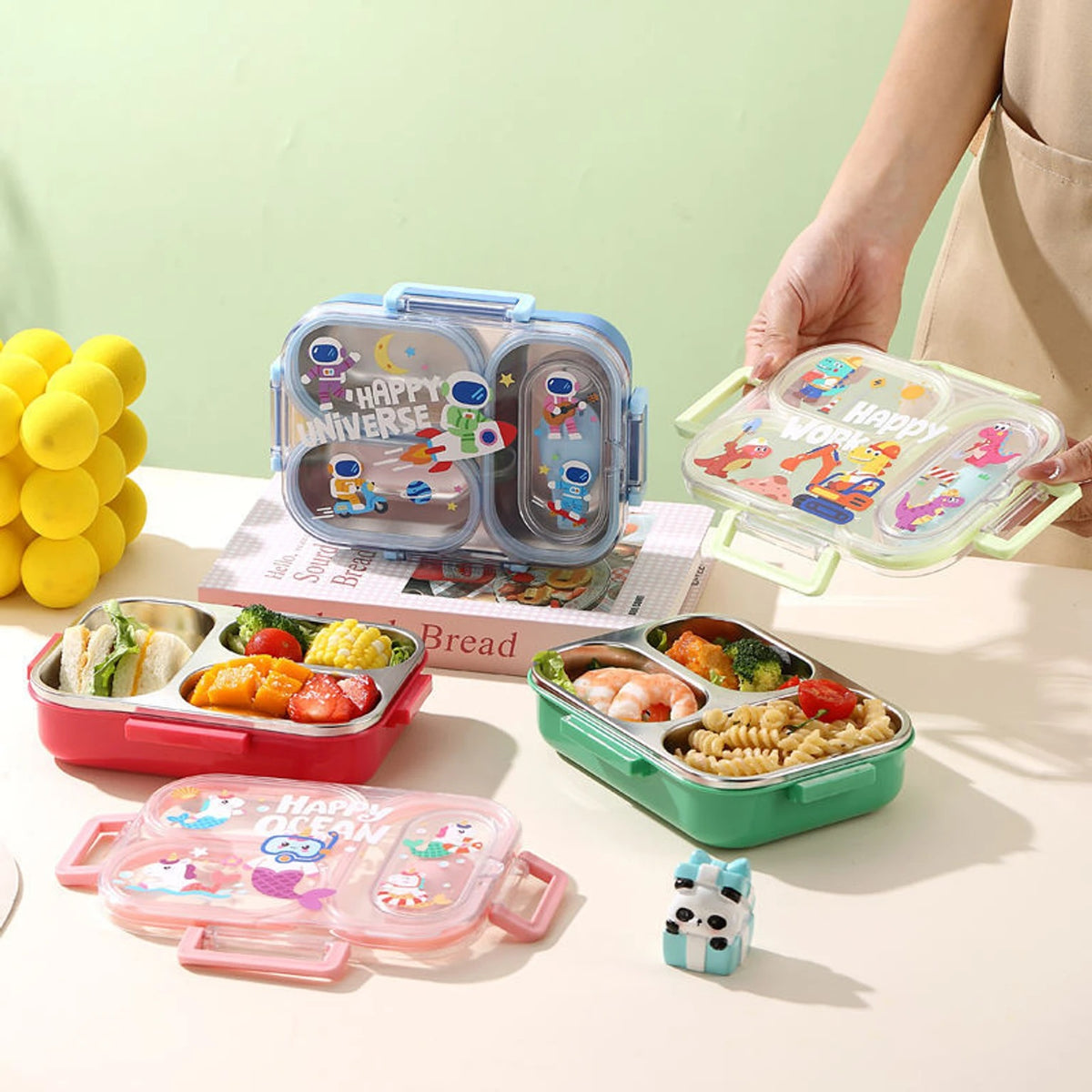 Kitchzohome Happy Ocean Design Lunch Box with 3 Containers Stainless Steel