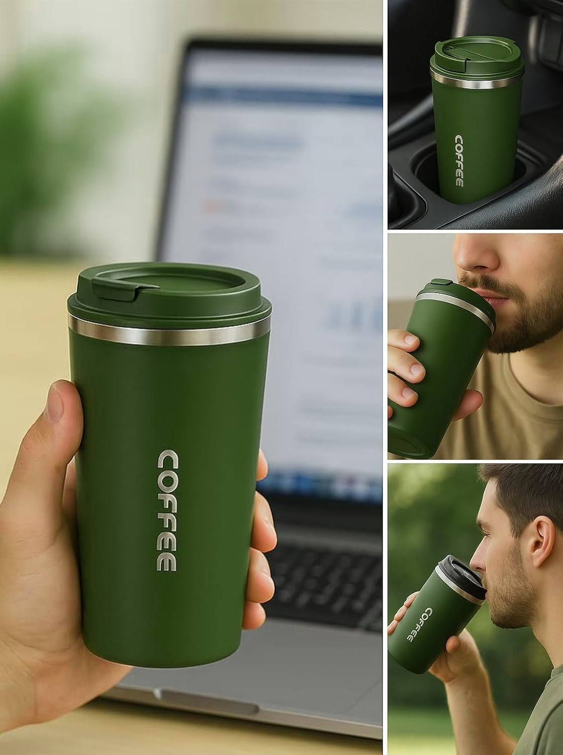 Stainless Steel Insulated Travel Coffee Mug with Leak-Proof Flip Lid (510ml) | Double Wall Vacuum Thermal Cup for Hot & Cold Drinks, Tea, Coffee | Reusable Car Tumbler with Anti-Slip Grip