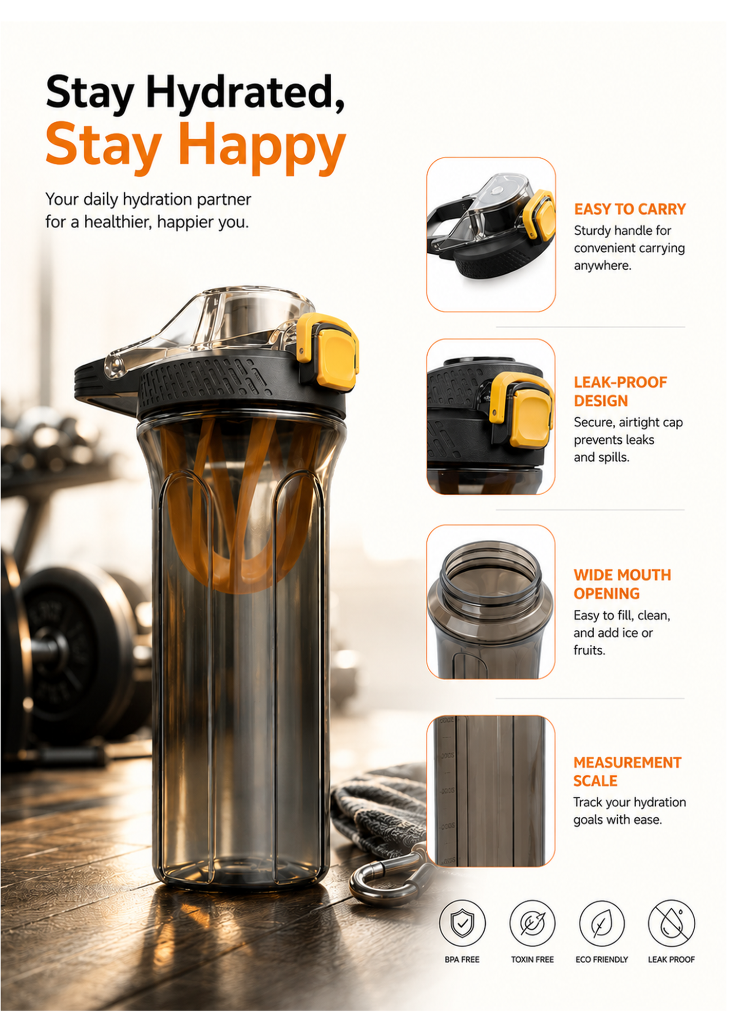Kitchzohome Protein Shaker Bottle 750ML with Mixing Ball | BPA Free Leakproof Gym Shaker Bottle for Protein, Pre-Workout & BCAA | Sports Sipper Bottle for Fitness, Workout & Travel