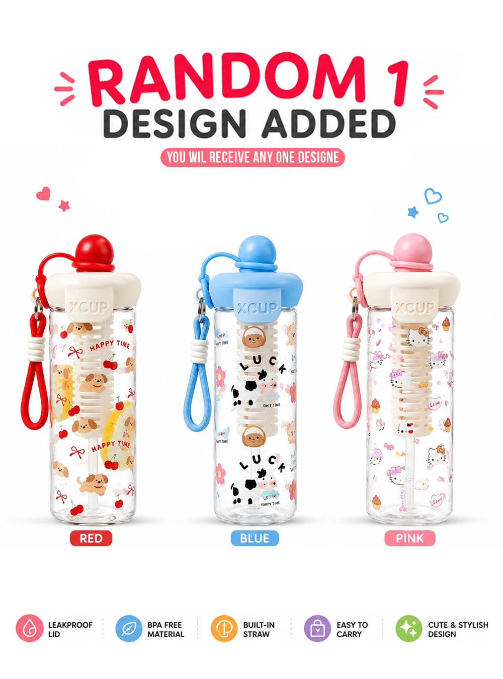 Kitchzohome 650ML Premium XCUP Water Bottle with Straw – BPA Free, Leakproof &amp; Reusabl(Pack of 1, Assorted/Random Color)