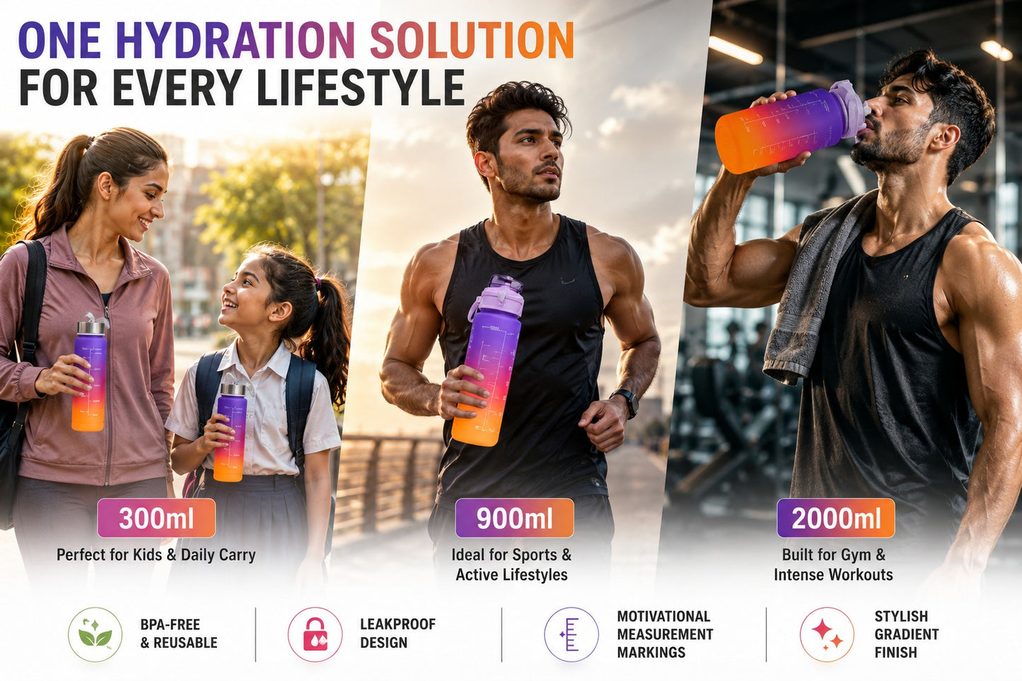 Kitchzohome Motivational Water Bottle Set of 3 (2200ML, 900ML & 300ML) | BPA Free Leakproof Water Bottles with Straw, Time Marker & Handle | Gym, Office, School & Travel Sipper Bottles