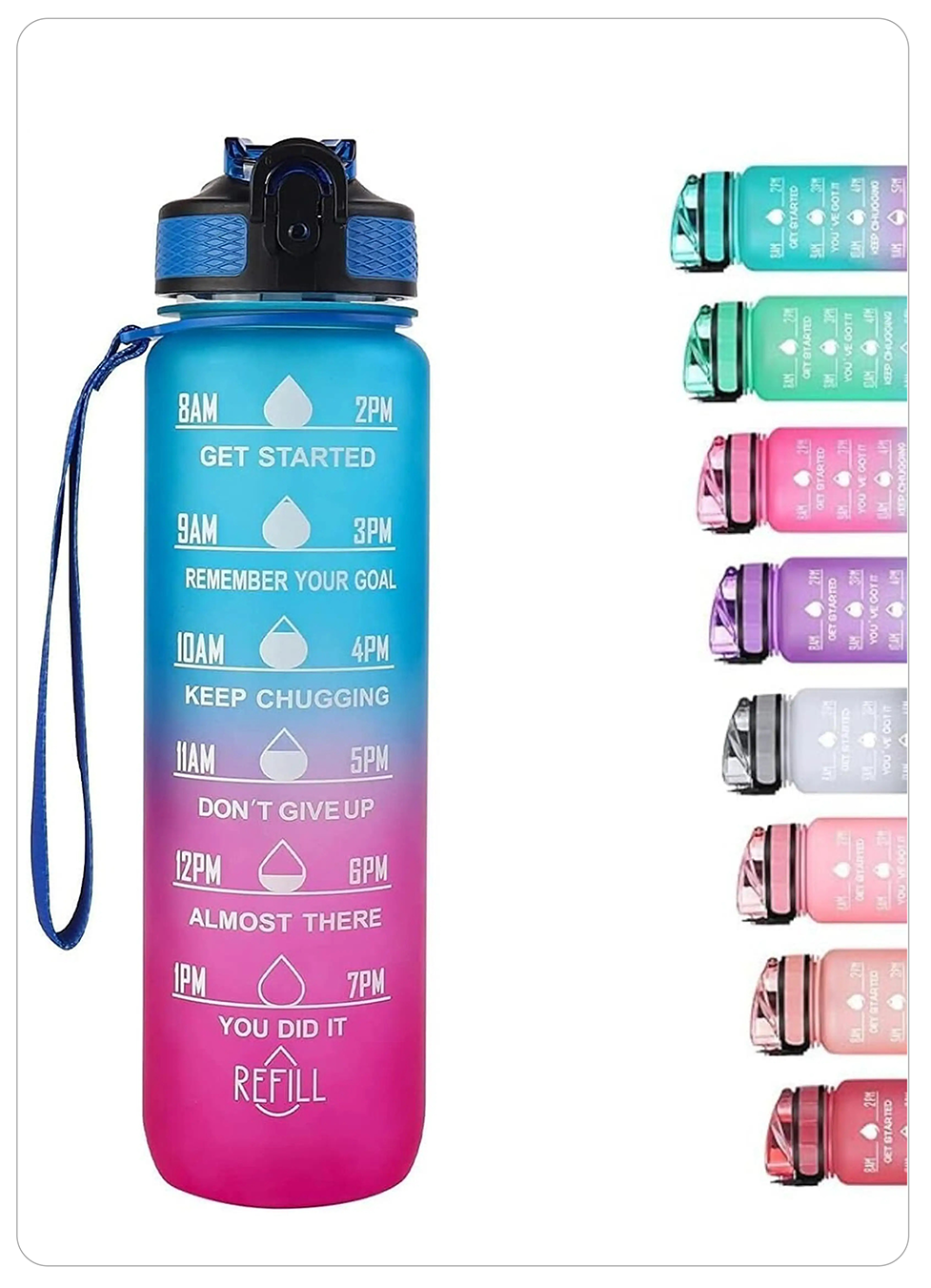 A reusable water bottle with a blue wrist strap, featuring a blue-to-pink gradient design and motivational time markers. On the right, a vertical column shows the same bottle design in multiple color options.