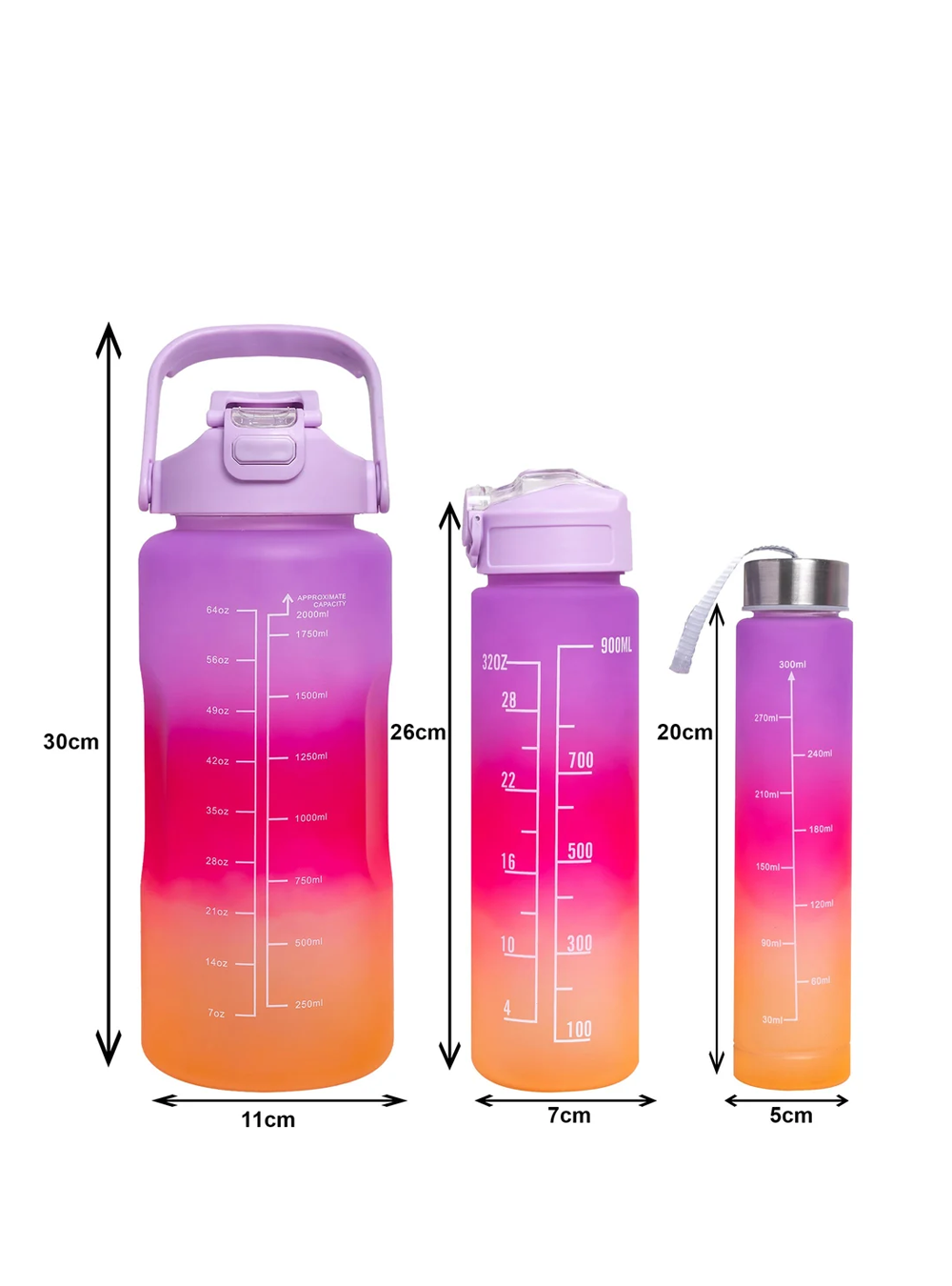 Kitchzohome Motivational Water Bottle Set of 3 (2200ML, 900ML & 300ML) | BPA Free Leakproof Water Bottles with Straw, Time Marker & Handle | Gym, Office, School & Travel Sipper Bottles