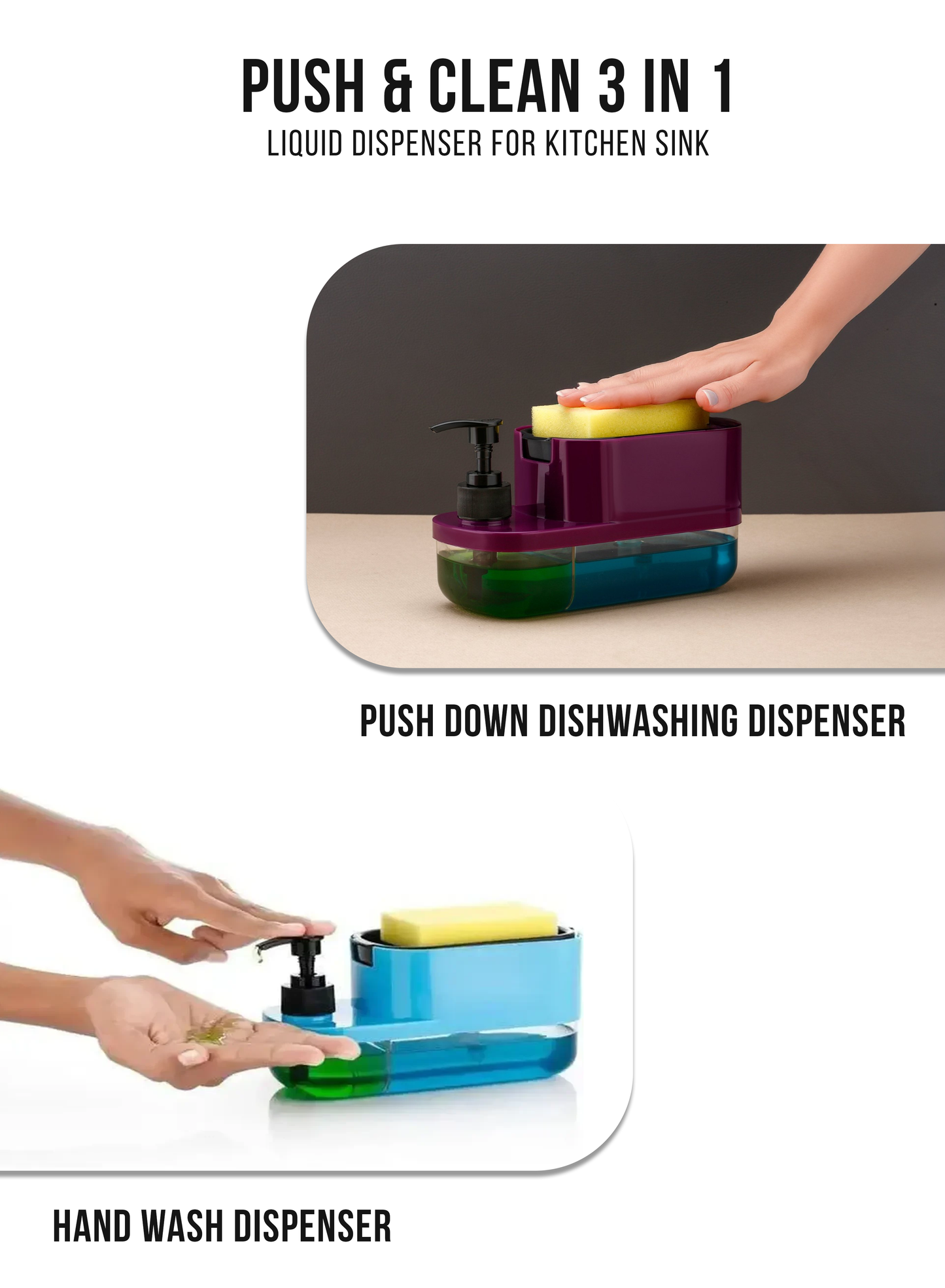 Kitchzohome 3-in-1 Kitchen Soap Dispenser with Sponge Holder | 400ML Refillable Dishwashing Liquid Dispenser | Press-Type Liquid Soap Pump for Kitchen Sink, Dish Wash & Cleaning