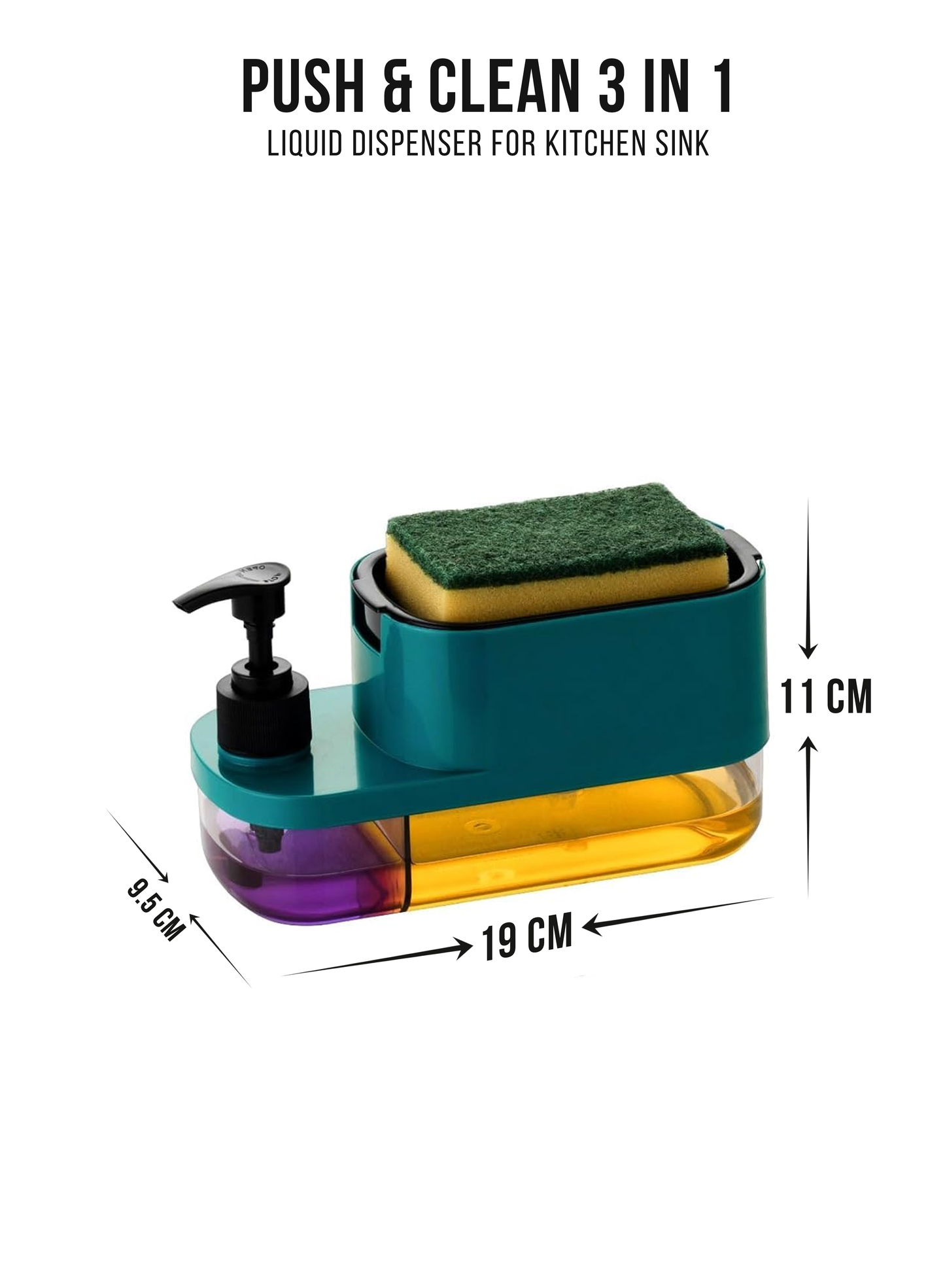 Kitchzohome 3-in-1 Kitchen Soap Dispenser with Sponge Holder | 400ML Refillable Dishwashing Liquid Dispenser | Press-Type Liquid Soap Pump for Kitchen Sink, Dish Wash & Cleaning