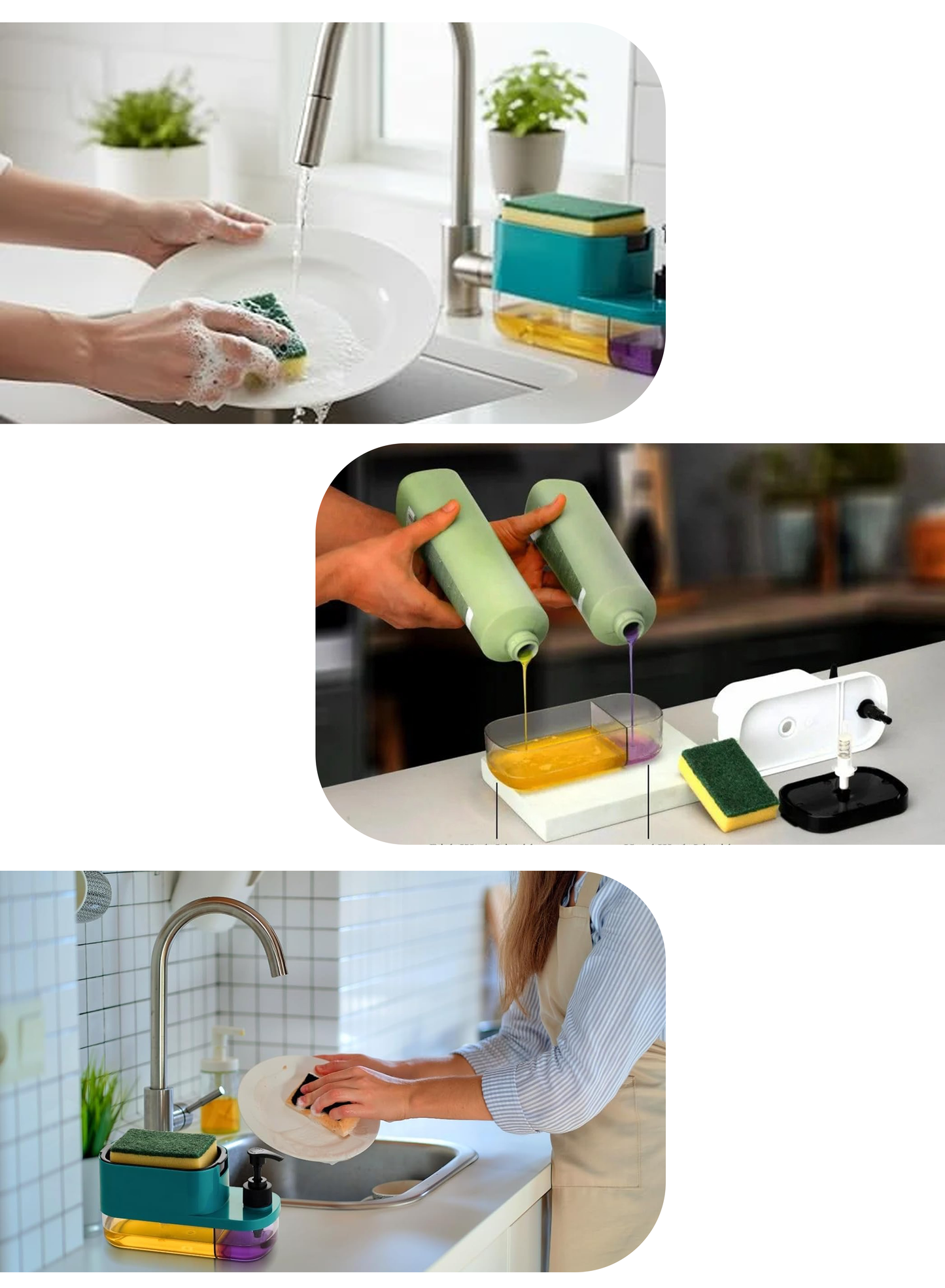 Kitchzohome 3-in-1 Kitchen Soap Dispenser with Sponge Holder | 400ML Refillable Dishwashing Liquid Dispenser | Press-Type Liquid Soap Pump for Kitchen Sink, Dish Wash & Cleaning