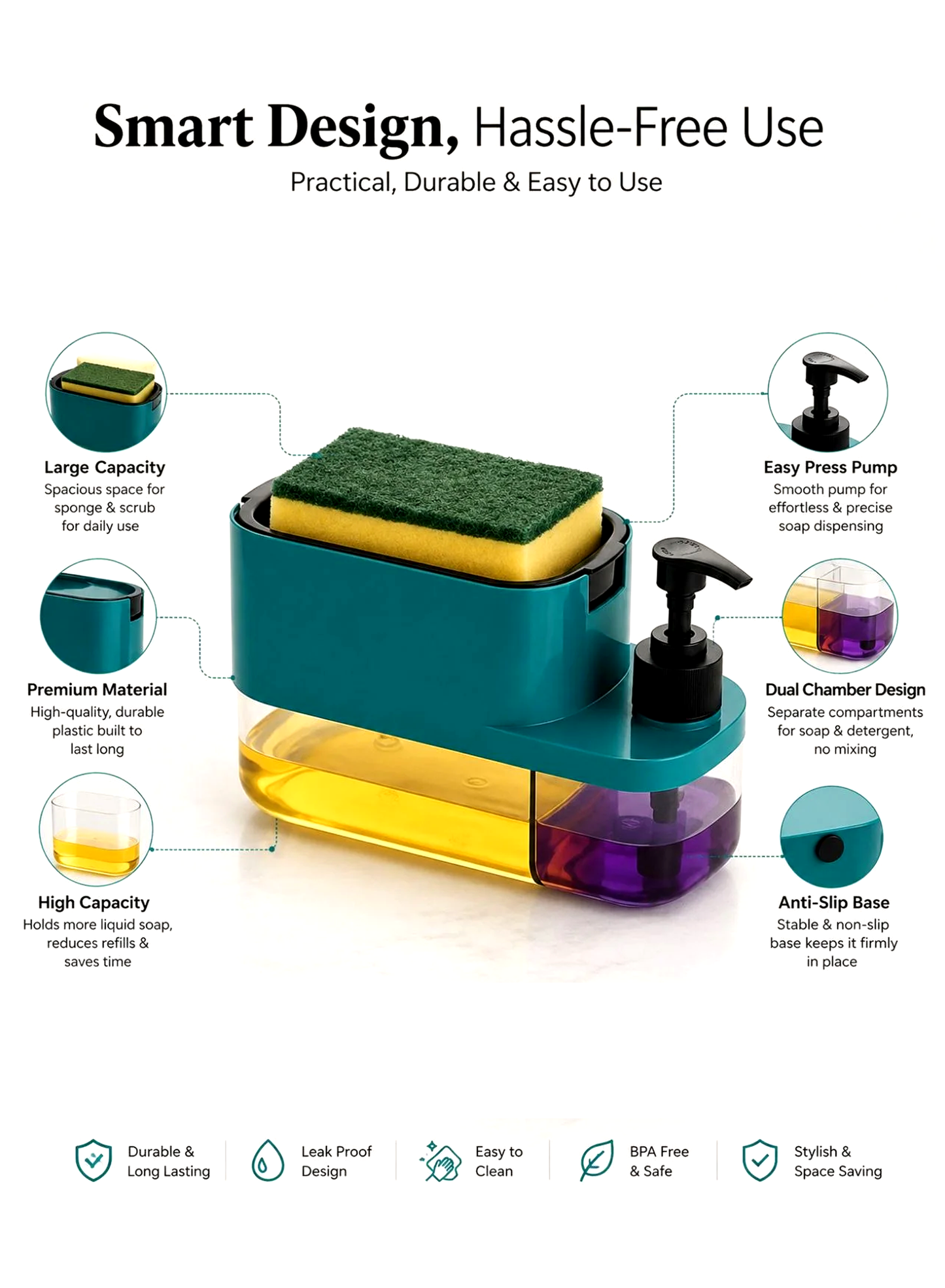 Kitchzohome 3-in-1 Kitchen Soap Dispenser with Sponge Holder | 400ML Refillable Dishwashing Liquid Dispenser | Press-Type Liquid Soap Pump for Kitchen Sink, Dish Wash & Cleaning
