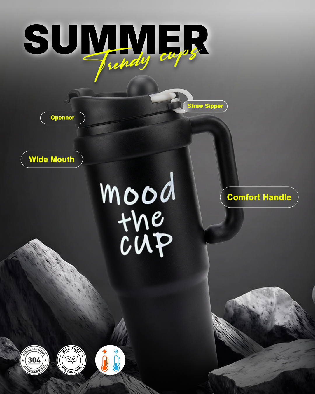 Kitchzohome Stainless Steel Travel Tumbler 900ML | Vacuum Insulated Coffee Mug with Handle, Flip Straw Lid, Leakproof Hot & Cold Flask (Black)