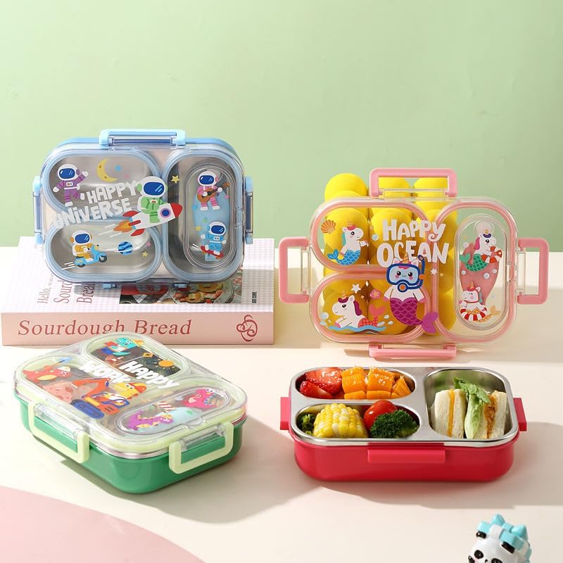 Kitchzohome Happy Ocean Design Lunch Box with  3 Containers Stainless Steel