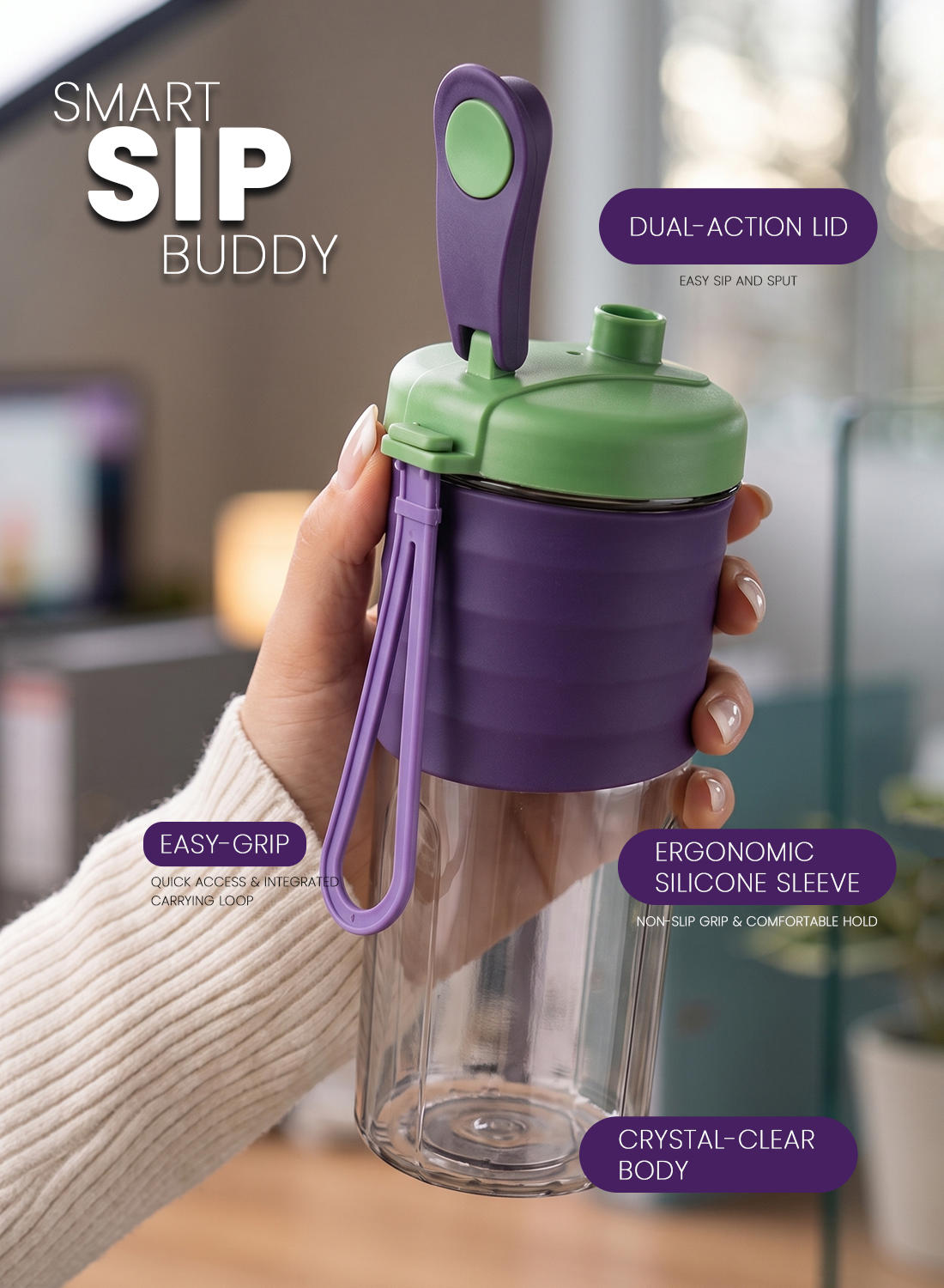 kitchzohome Carry & Sip Portable Tritan Water Bottle with Silicone Grip 700 ml Plastic Sipper (Pack of 1, Multicolor)