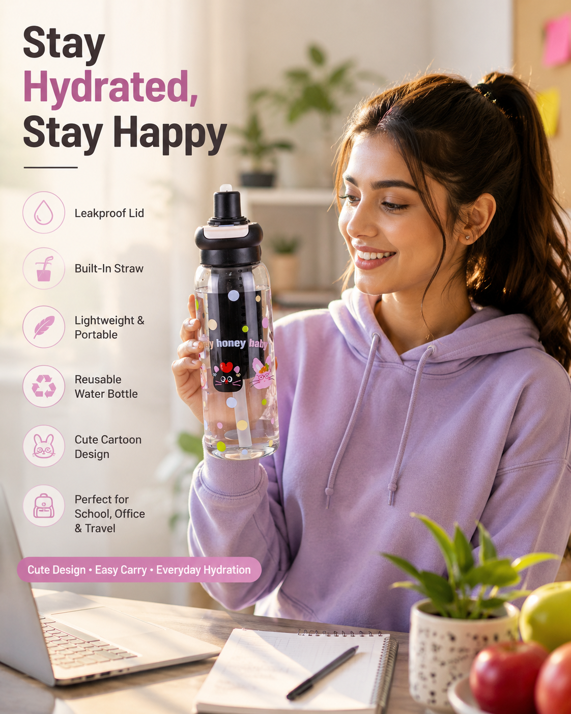 kitchzohome Fruit Infuser Water Bottle 650 ml with Straw & Flip Top Lid 650 ml Plastic Sipper (Pack of 1)