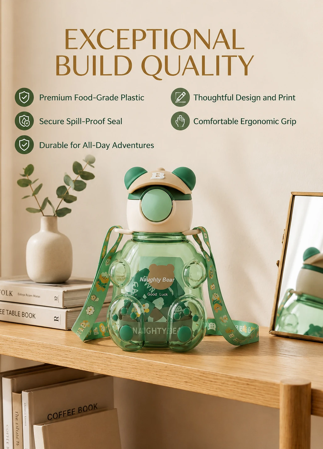 Cute Teddy Bear Water Bottle for Kids with Shoulder Strap
