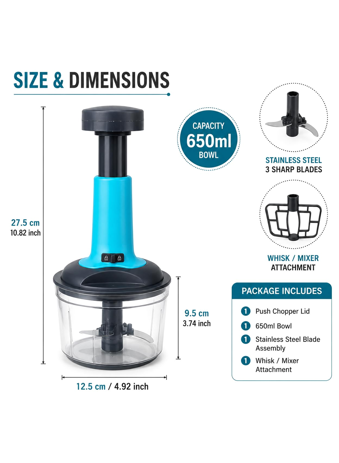 Kitchzohome Manual Hand Press Push Chopper with 3 Blades for Effortless Chopping Vegetables & Fruits Assorted, 650 ml