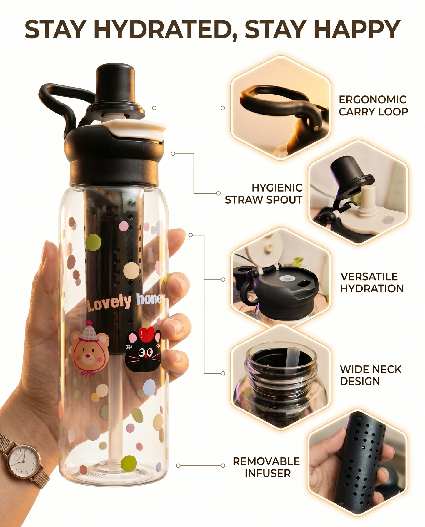 kitchzohome Fruit Infuser Water Bottle 650 ml with Straw & Flip Top Lid 650 ml Plastic Sipper (Pack of 1)