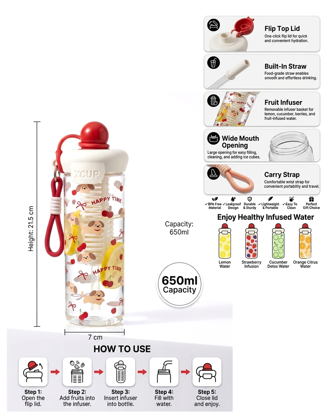Kitchzohome 650ML Premium XCUP Water Bottle with Straw – BPA Free, Leakproof &amp; Reusabl(Pack of 1, Assorted/Random Color)