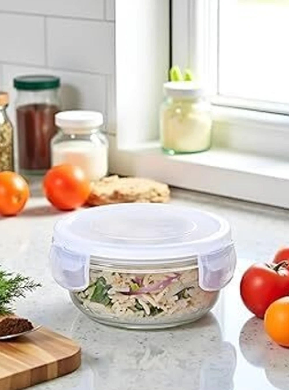 Kitchzohome Round Glass Lunch Box with Leakproof Locking Lid | BPA Free Glass Food Storage Container for Office, School, Kitchen, Meal Prep & Microwave Safe Lunch Bowl