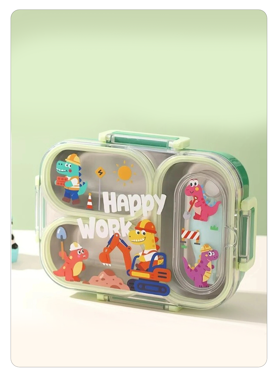 A clear plastic bento lunch box with a mint green handle and side latches, decorated with colorful cartoon construction workers, dinosaurs, and the words 'Happy Work' on a light green background.