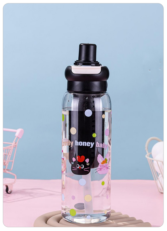 A clear plastic water bottle with a black flip-top lid and colorful polka dots, featuring cartoon cat and butterfly graphics, set against a pastel pink and blue background.