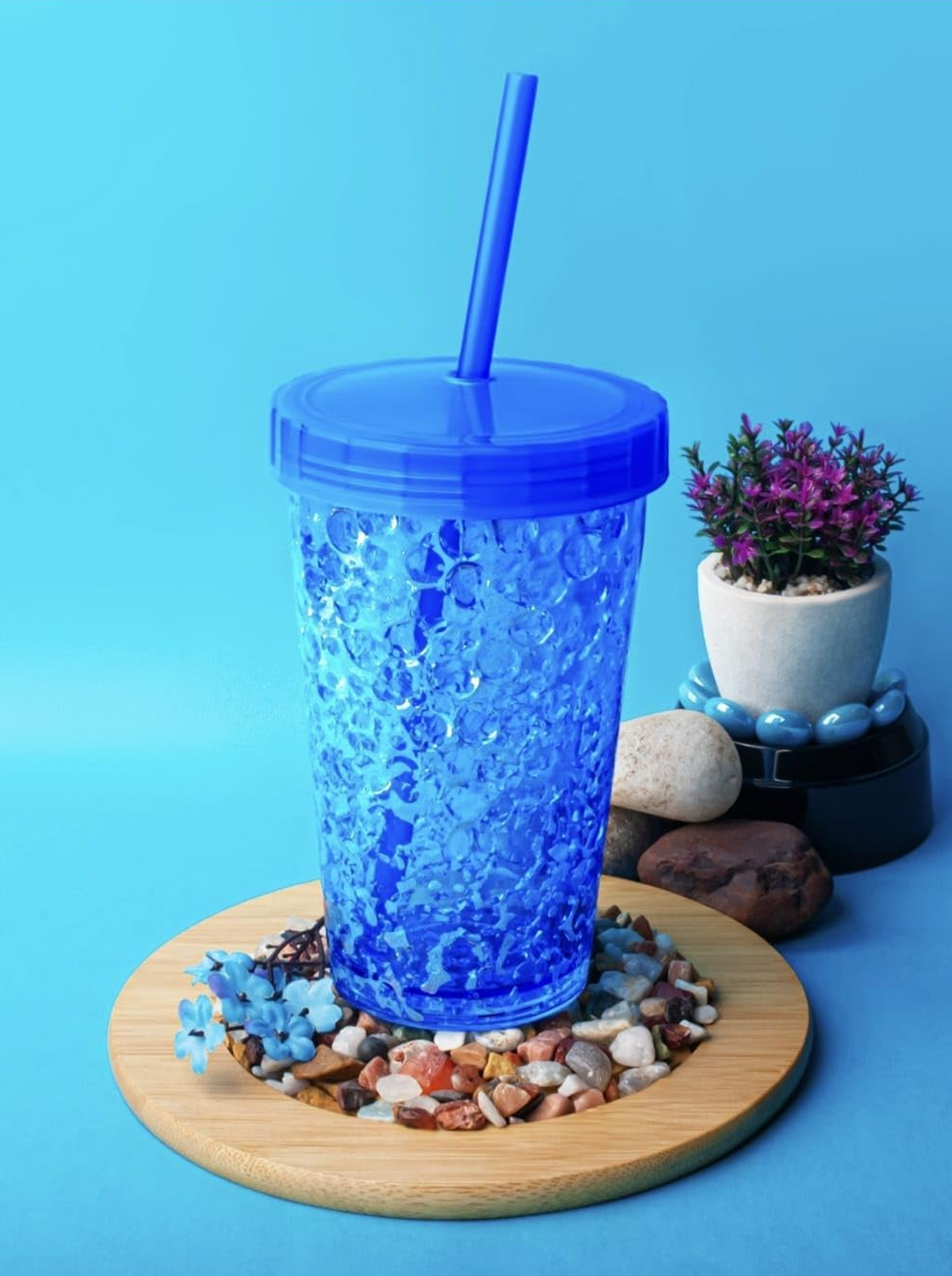 kitchzohome Jelly Sipper Tumbler with Straw, Double Wall Gel Freezer Cup Plastic Tumbler (500 ml, Pack of 1)