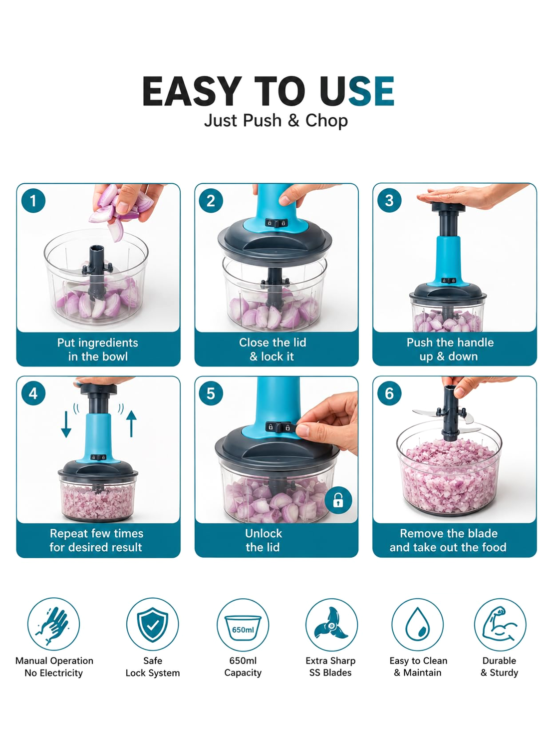 Kitchzohome Manual Hand Press Push Chopper with 3 Blades for Effortless Chopping Vegetables & Fruits Assorted, 650 ml