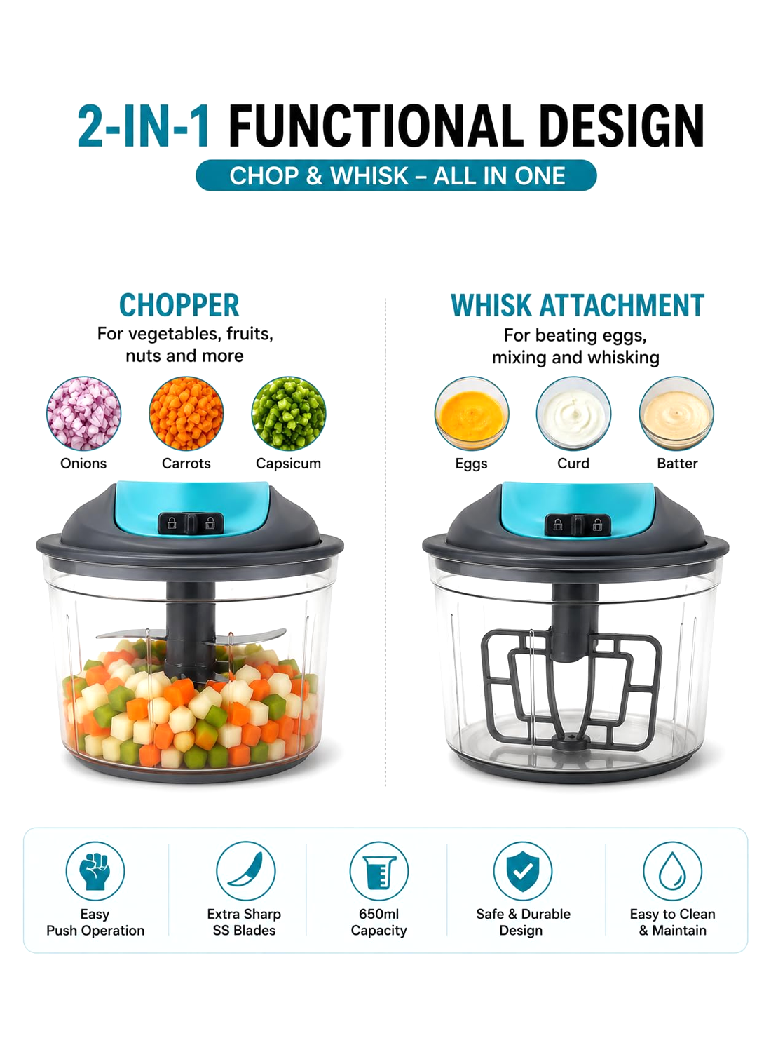 Kitchzohome Manual Hand Press Push Chopper with 3 Blades for Effortless Chopping Vegetables & Fruits Assorted, 650 ml