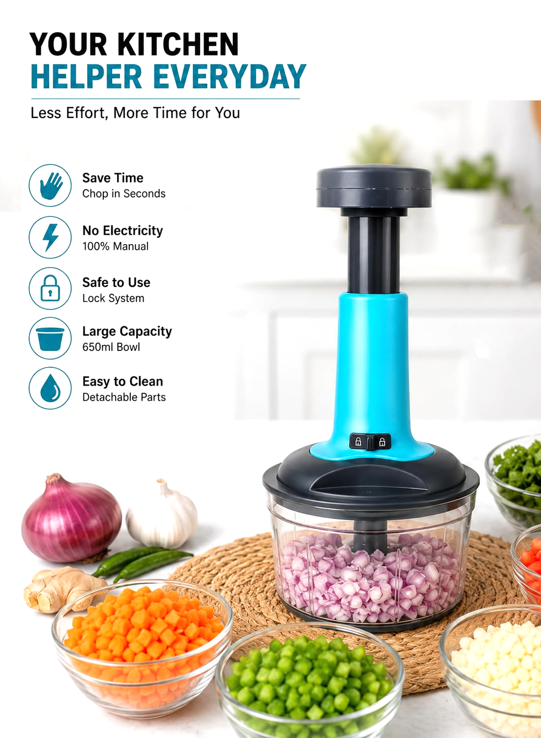 Kitchzohome Manual Hand Press Push Chopper with 3 Blades for Effortless Chopping Vegetables & Fruits Assorted, 650 ml