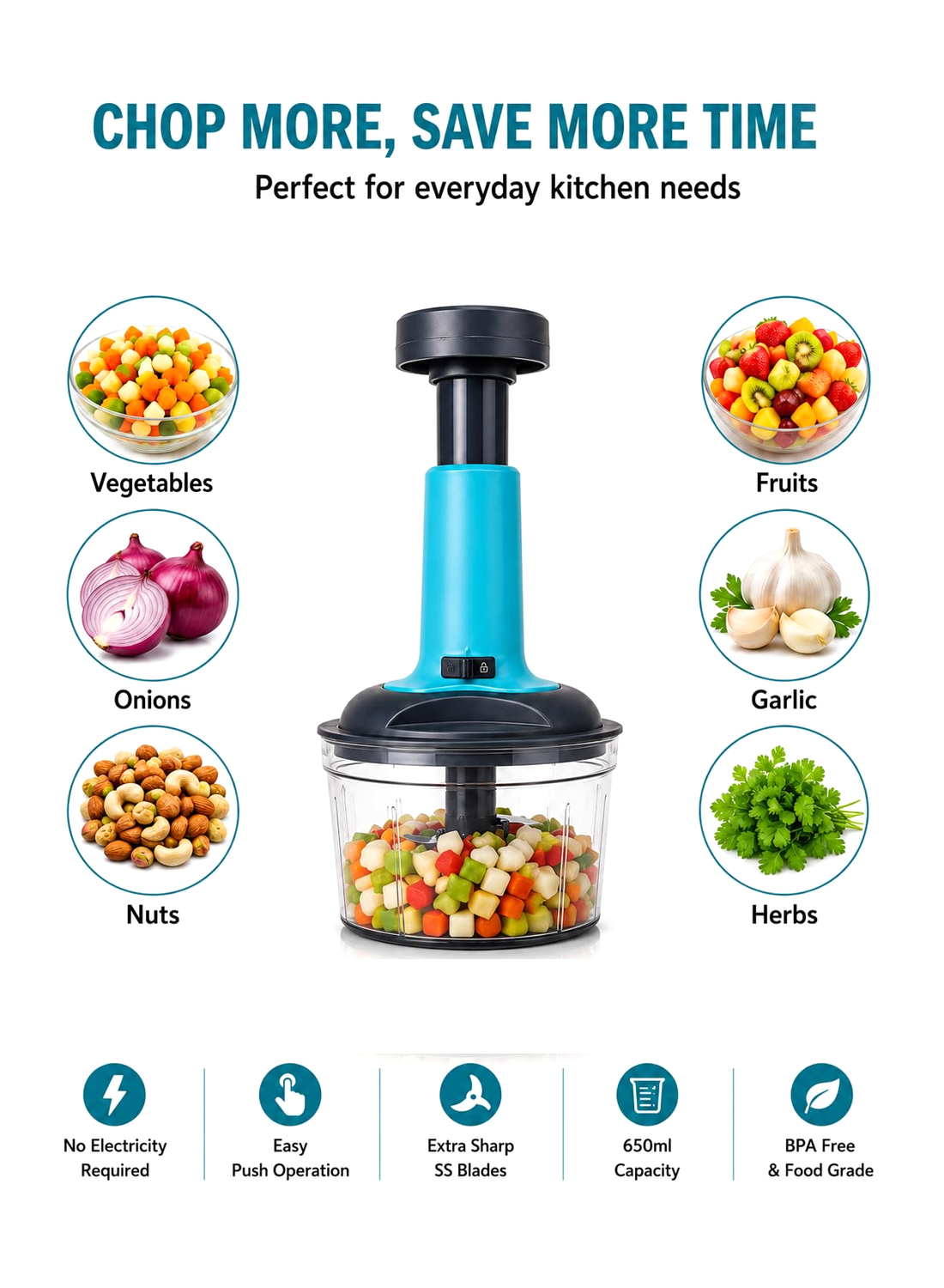 Kitchzohome Manual Hand Press Push Chopper with 3 Blades for Effortless Chopping Vegetables & Fruits Assorted, 650 ml