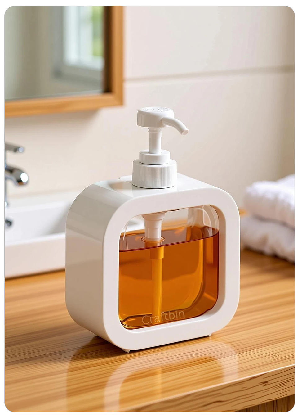 A square-shaped white countertop dispenser bottle filled with amber-colored liquid, featuring a white pump and a clear front panel. It is placed on a wooden bathroom counter with a blurred sink and mirror in the background.