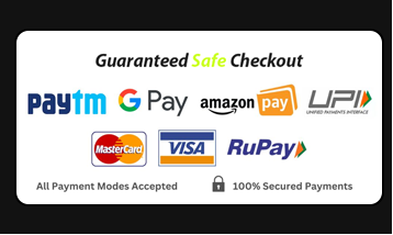 A white rectangular graphic with rounded corners featuring the text 'Guaranteed Safe Checkout' above a row of payment logos including Paytm, Google Pay, Amazon Pay, UPI, MasterCard, VISA, and RuPay. Smaller text at the bottom reads 'All Payment Modes Accepted' and '100% Secured Payments' with a lock icon.