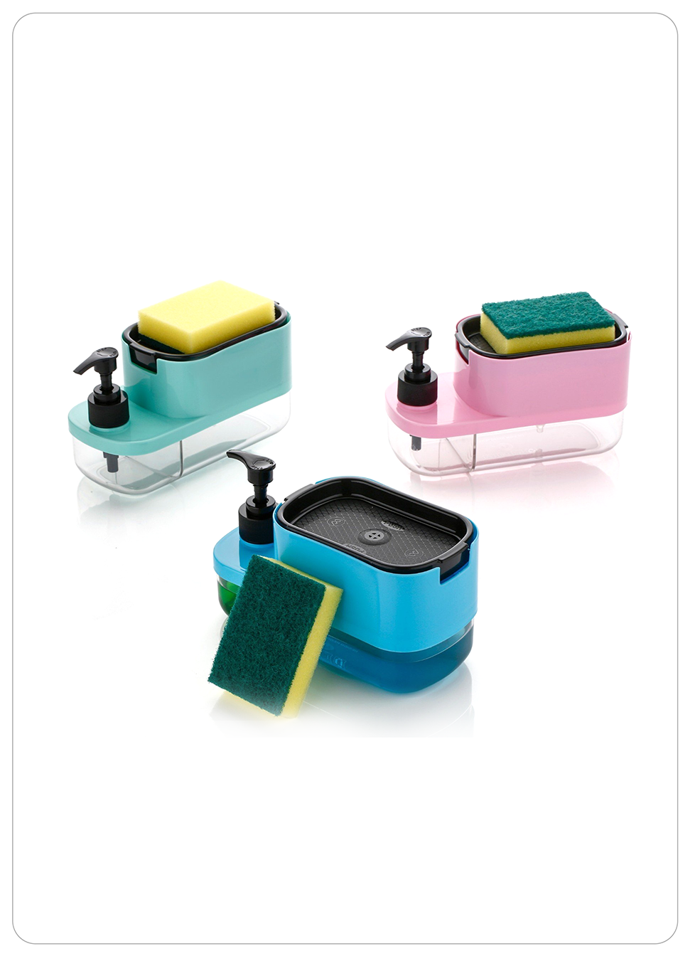 Three countertop soap dispensers in teal, pink, and blue, each with a sponge holder, soap dish, and pump dispenser, shown with cleaning sponges on a white background.