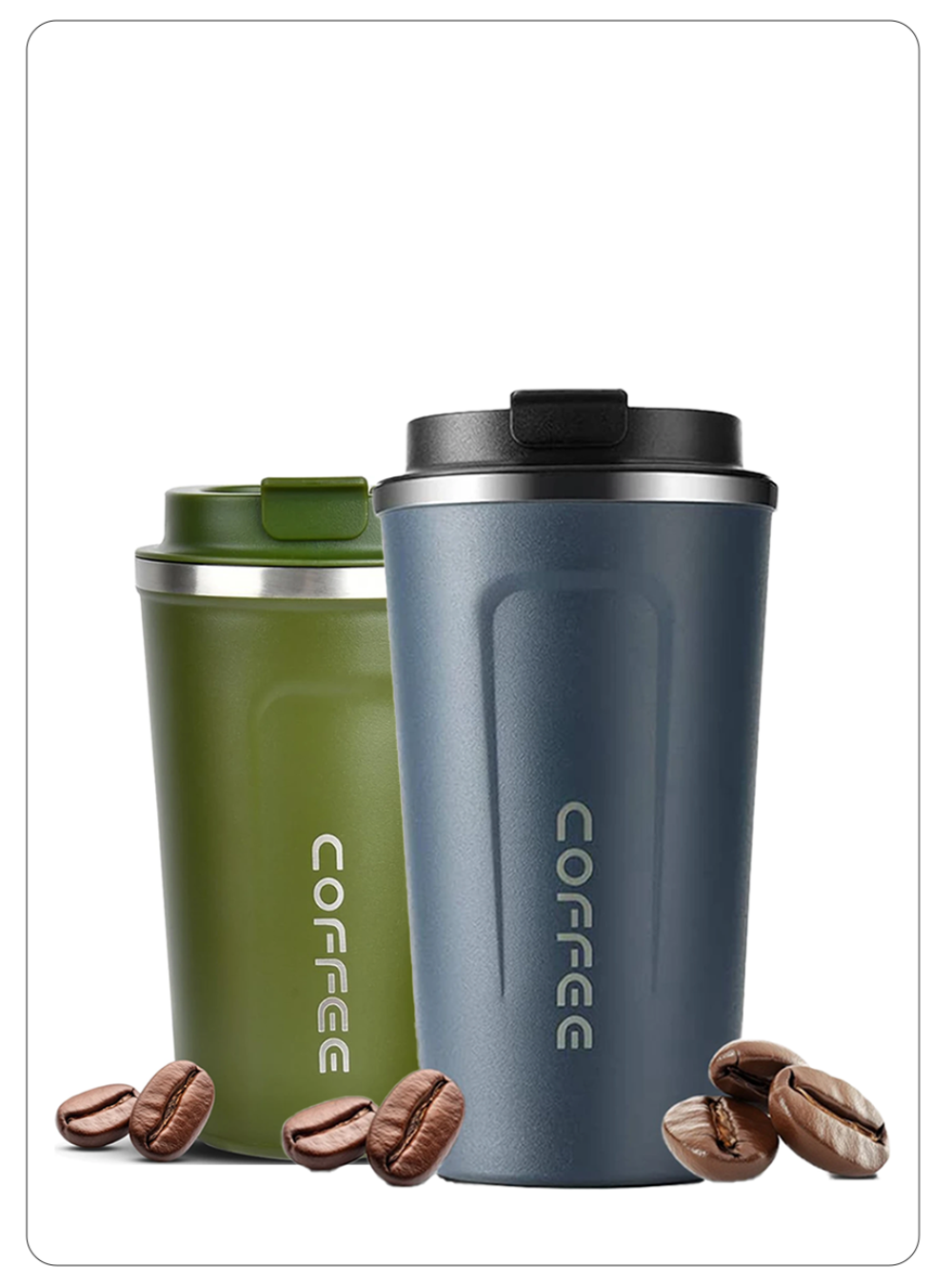 Two insulated travel coffee cups with lids, one olive green and one slate blue, displayed with scattered coffee beans on a white background. The blue cup is in front and the green cup is behind it.
