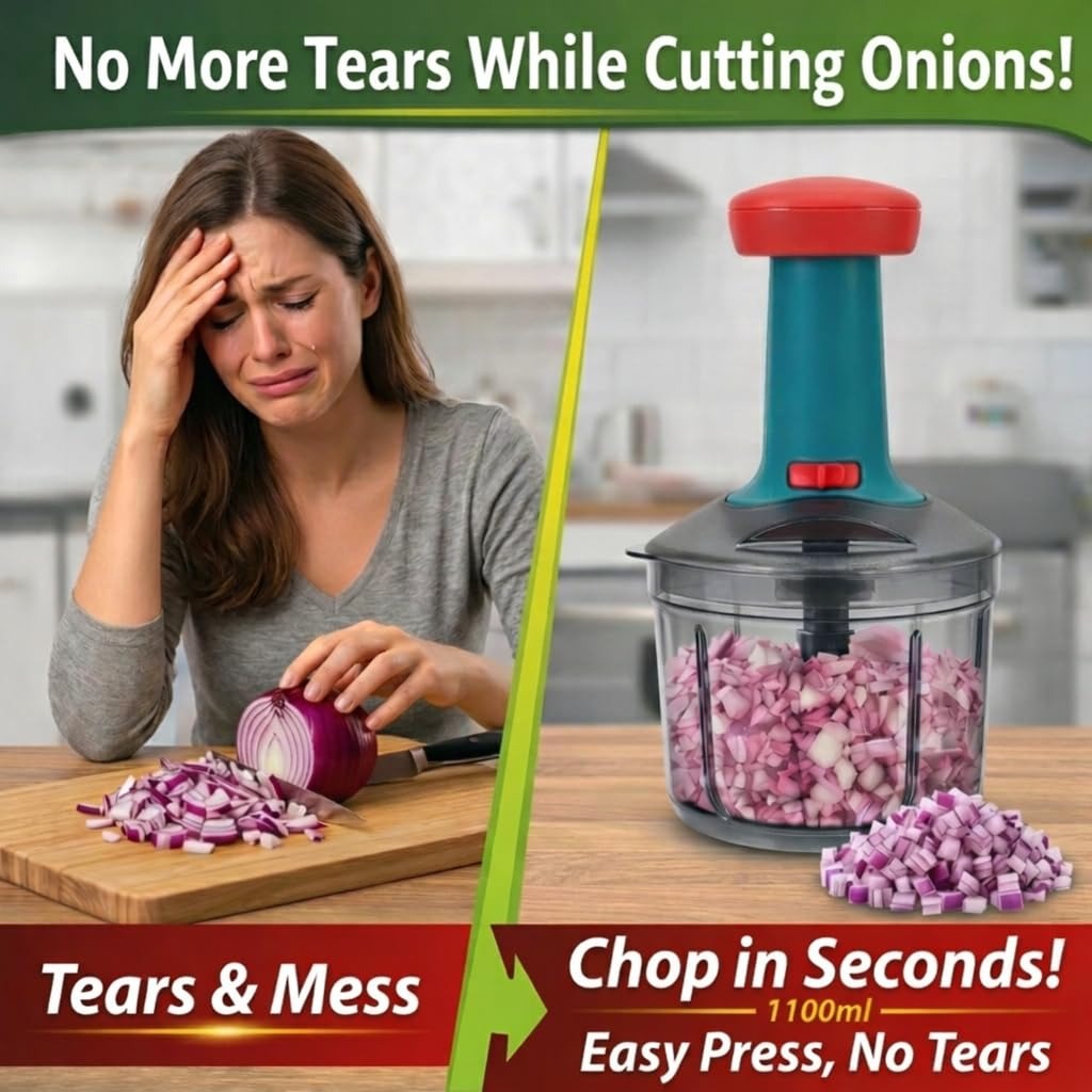 Kitchzohome Vegetable Chopper with 5 Stainless Steel Blades | Manual Push Food Chopper, Vegetable Cutter, Onion Chopper, Garlic Chopper & Vegetable Slicer for Kitchen