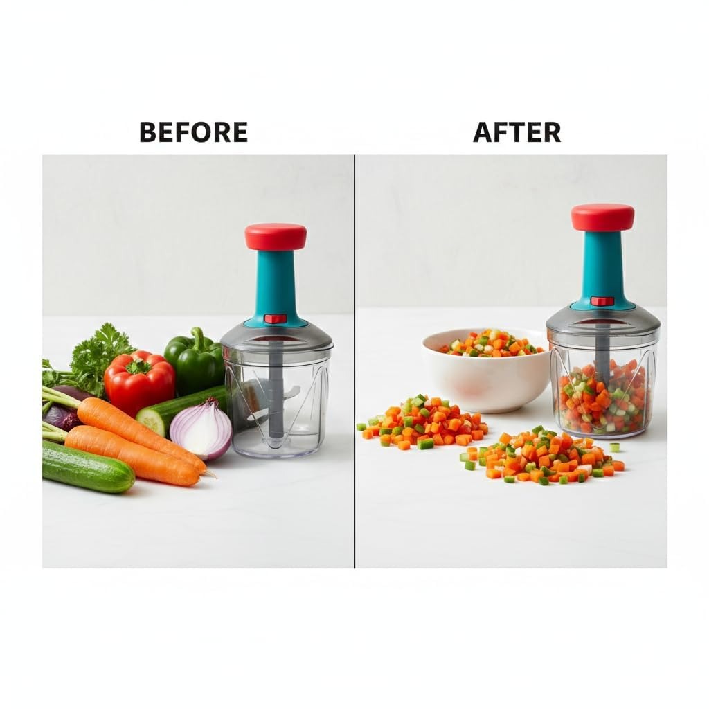 Kitchzohome Vegetable Chopper with 5 Stainless Steel Blades | Manual Push Food Chopper, Vegetable Cutter, Onion Chopper, Garlic Chopper & Vegetable Slicer for Kitchen