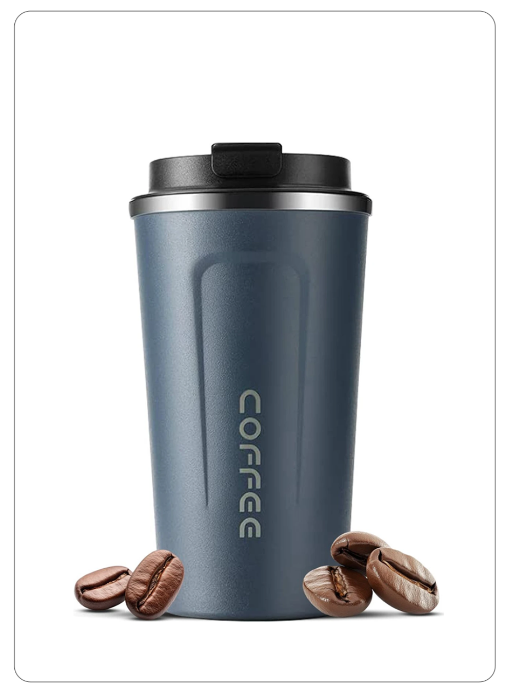 A dark slate blue insulated travel tumbler with a black lid, featuring the word 'COFFEE' printed vertically on the front. Several roasted coffee beans are scattered at the base of the cup against a clean white background.
