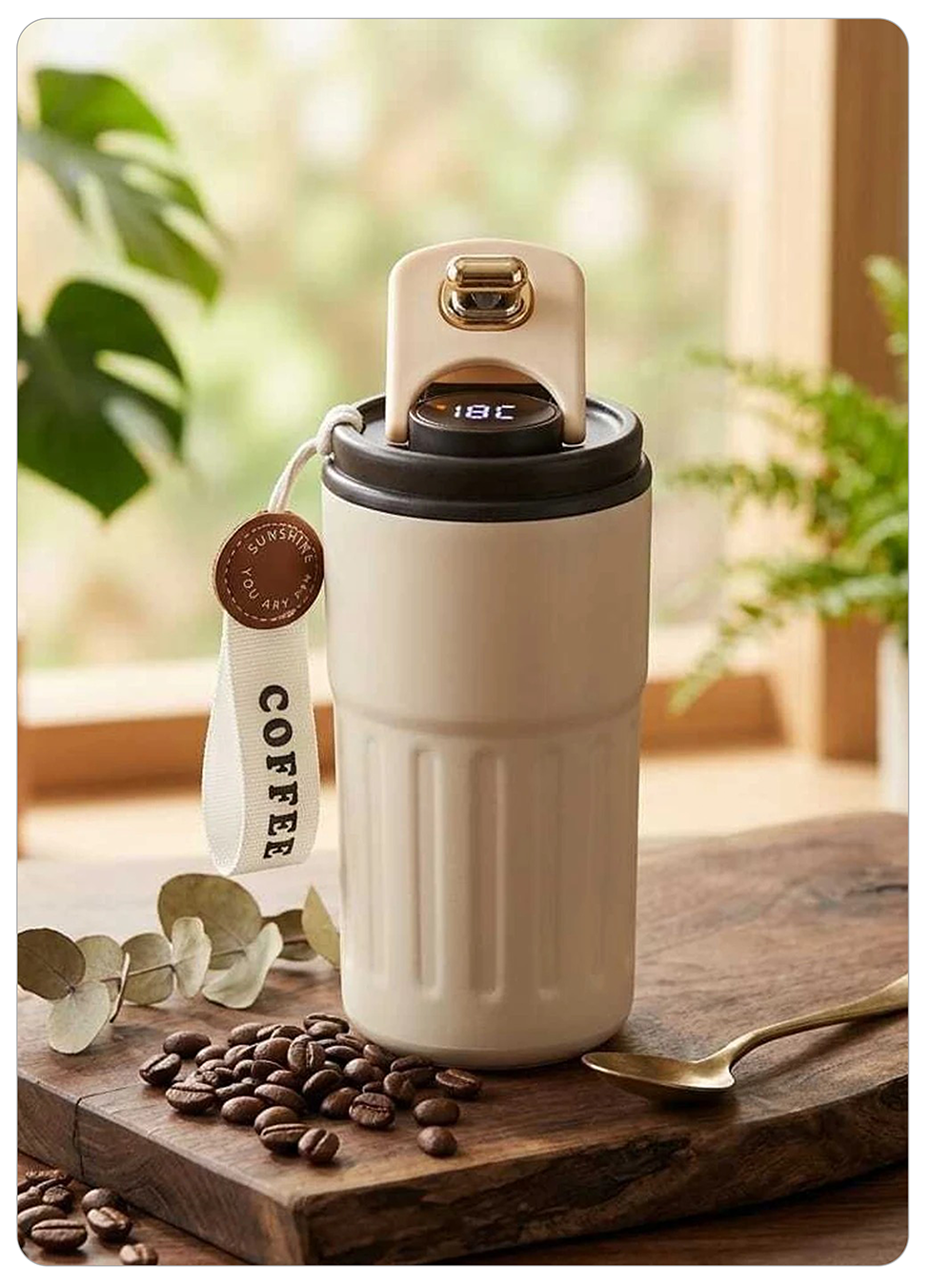 A 18oz insulated coffee cup with a cream-colored body, dark gray lid, and a hanging tag that reads 'COFFEE'. The cup is styled on a wooden cutting board with coffee beans and a spoon, set against a warm, softly blurred background with green plants.