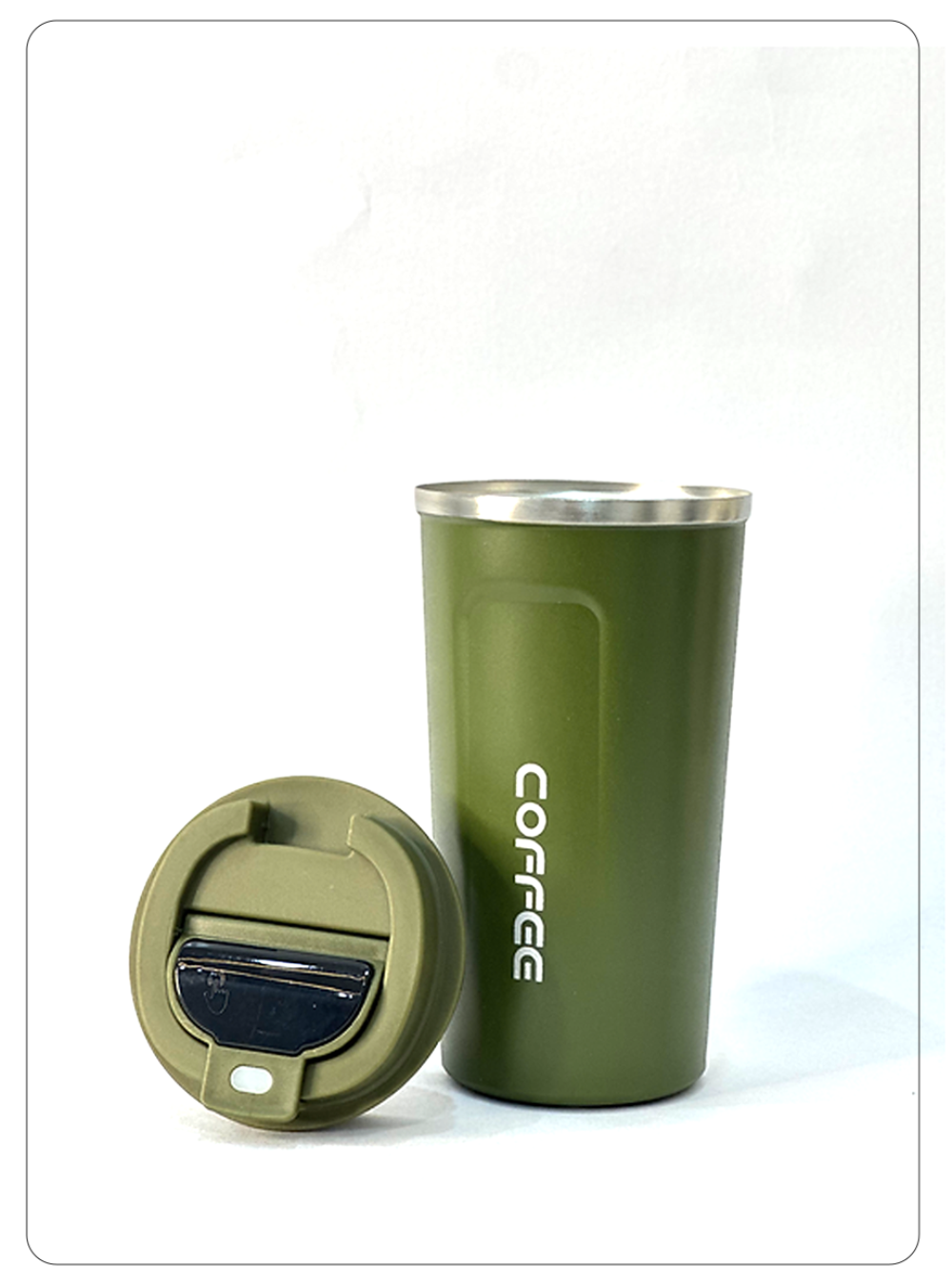 An olive green insulated travel tumbler with a matching lid placed beside it on a white background. The tumbler has a silver metal rim and the word 'COFFEE' printed vertically on the side.