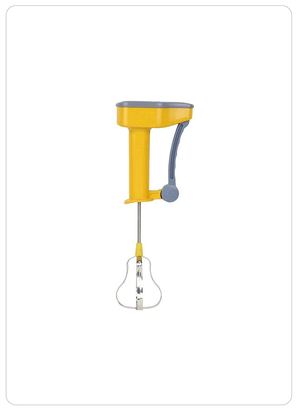 A yellow and gray manual hand mixer attachment with a metal beat attachment hanging below, shown against a plain white background.