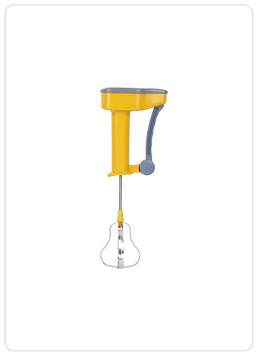 A yellow and gray manual hand mixer attachment with a metal beat attachment hanging below, shown against a plain white background.