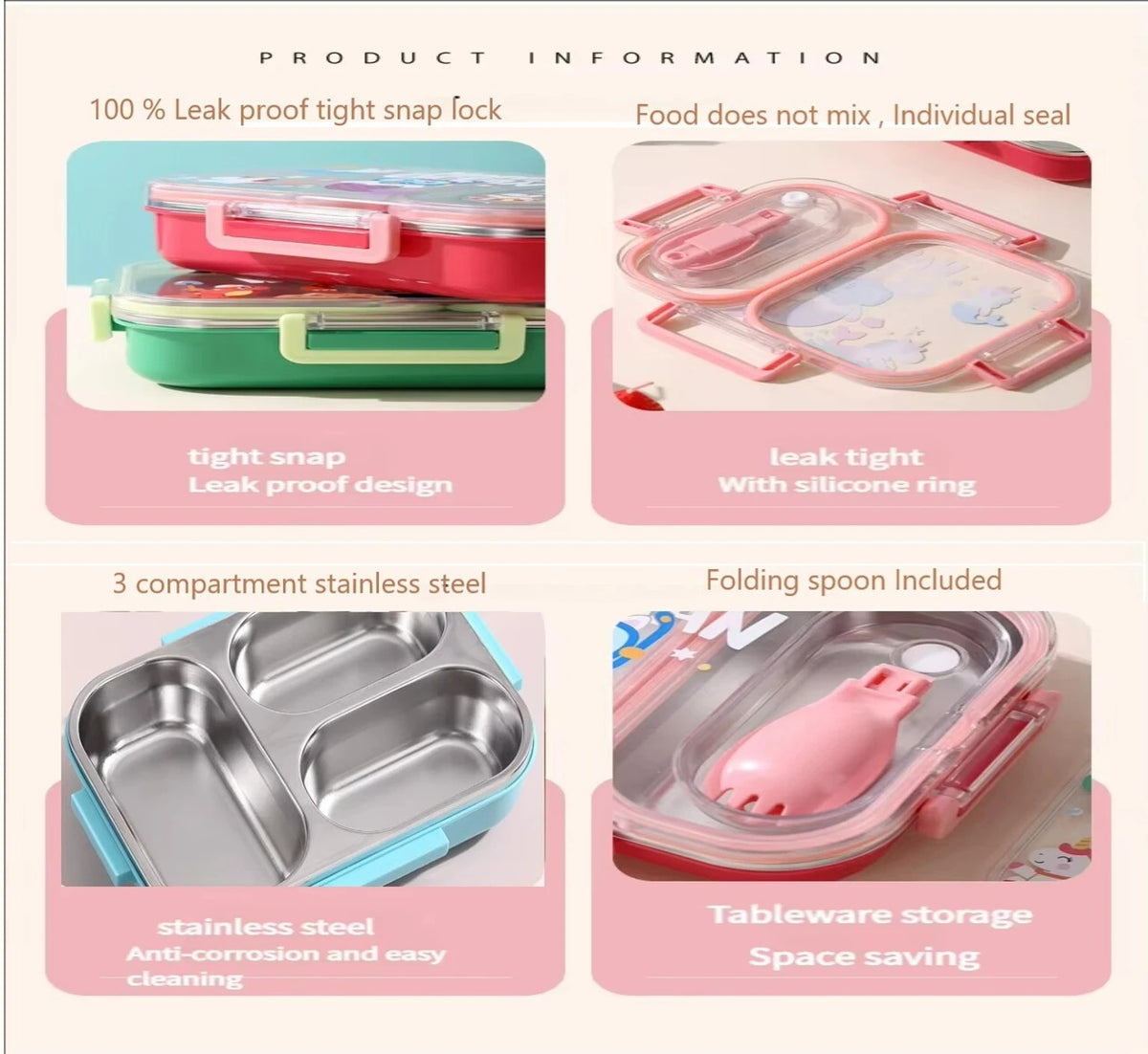 Kitchzohome Happy Ocean Design Lunch Box with  3 Containers Stainless Steel