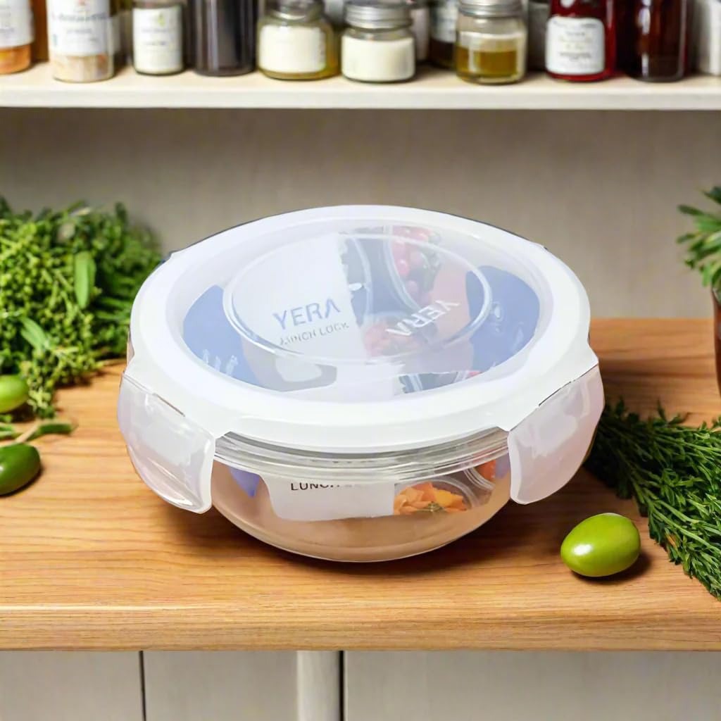 Kitchzohome Round Glass Lunch Box with Leakproof Locking Lid | BPA Free Glass Food Storage Container for Office, School, Kitchen, Meal Prep & Microwave Safe Lunch Bowl