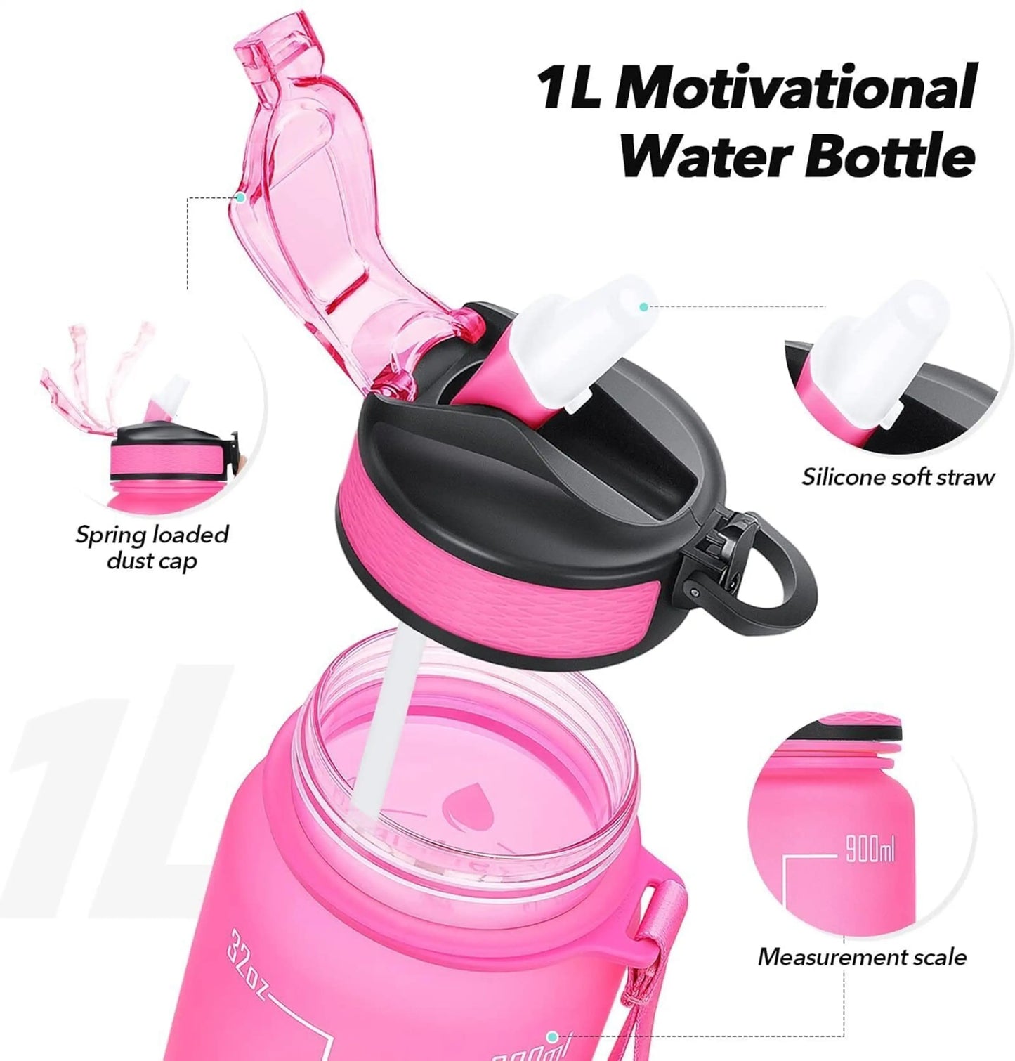 Kitchzohome 1 Litre Motivational Water Bottle with Straw & Time Marker | 1000ML BPA Free Leakproof Sipper Bottle for Gym, Office, School, Sports, Travel & Daily Hydration