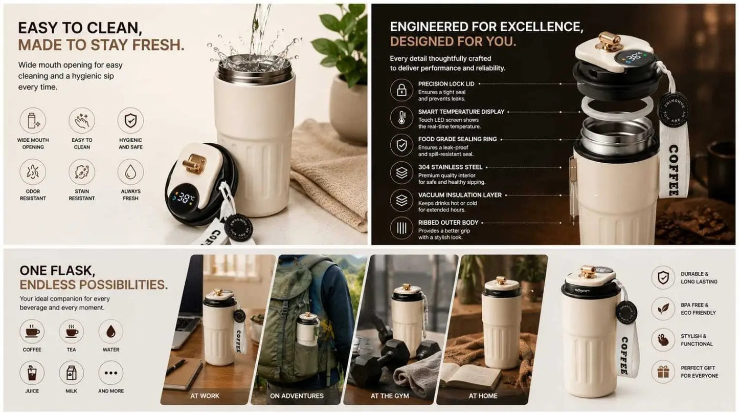 Kitchzohome Premium Stainless Steel Travel Tumbler with Straw & Sip Lid | Double Wall Vacuum Insulated Coffee Mug | Leakproof Hot & Cold Flask