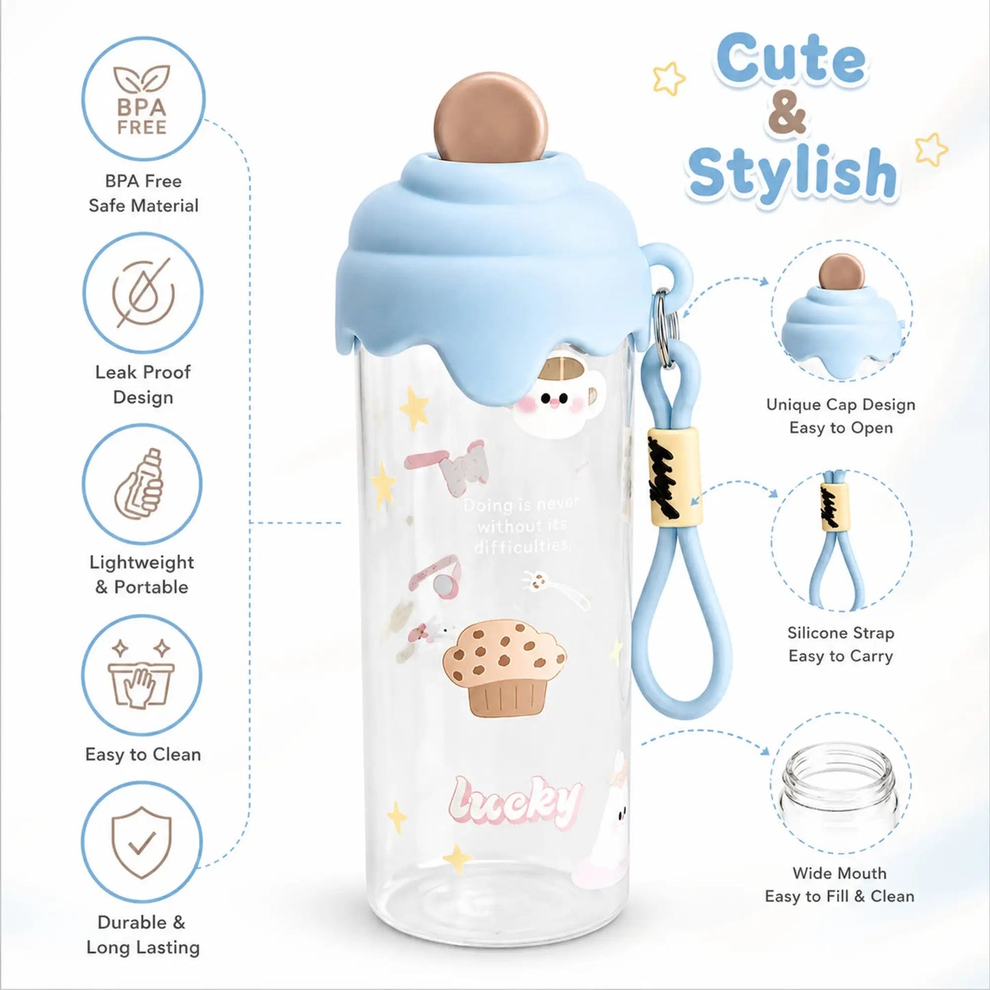 Kitchzohome Cute Cartoon Printed Water Bottle 750ML | Leak-Proof Plastic Sipper Bottle (Pack of 1, Multicolor)